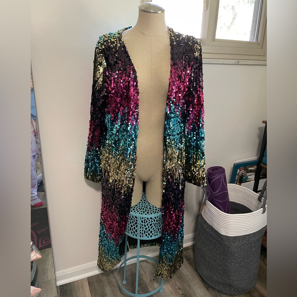 Rainbow Ombré Sequin Duster Cardigan size XL